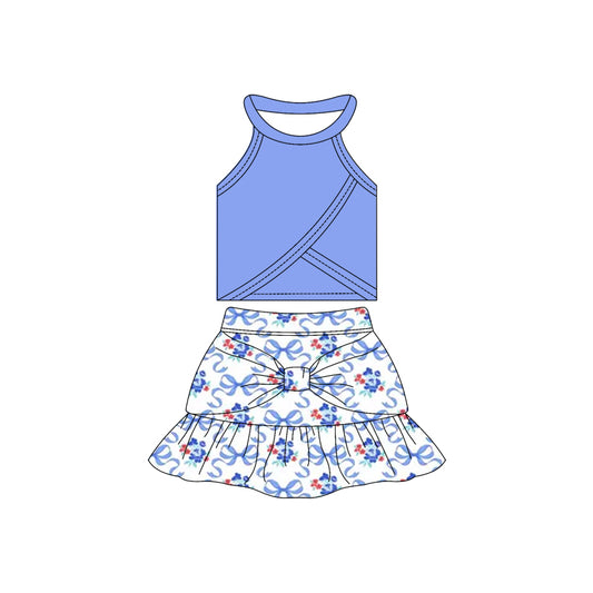 Preorder moq 10 Baby Girls Sleeveless Blue Vest Top Flowers Bows Ruffle Short Skirts Activity Wear Yoga Set