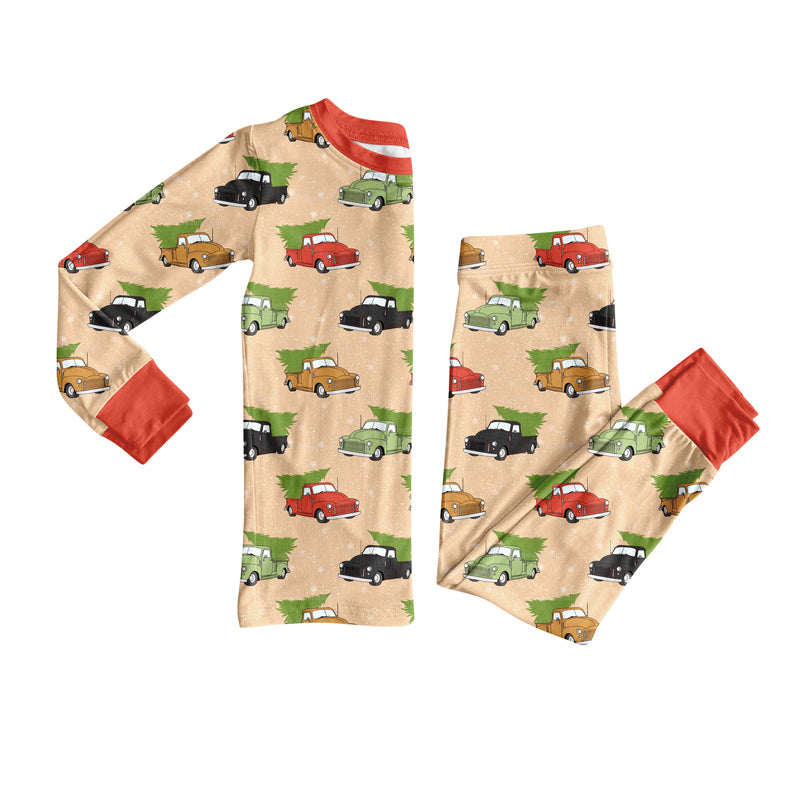 Preorder (moq 5)Baby Boys Green Red Cars Trees Top Pants Christmas Pajamas Sets