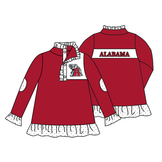 Preorder (moq 5)Baby Girls Red Long Sleeve Alabama Button Ruffle Team Pullovers Top