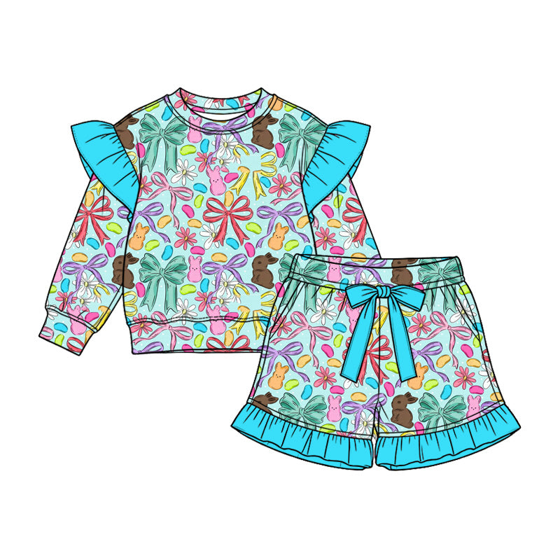 Preorder (moq 5)Baby Girls Bows Rabbits Long Sleeve Top Pockets Ruffle Short Easter Clothes Set