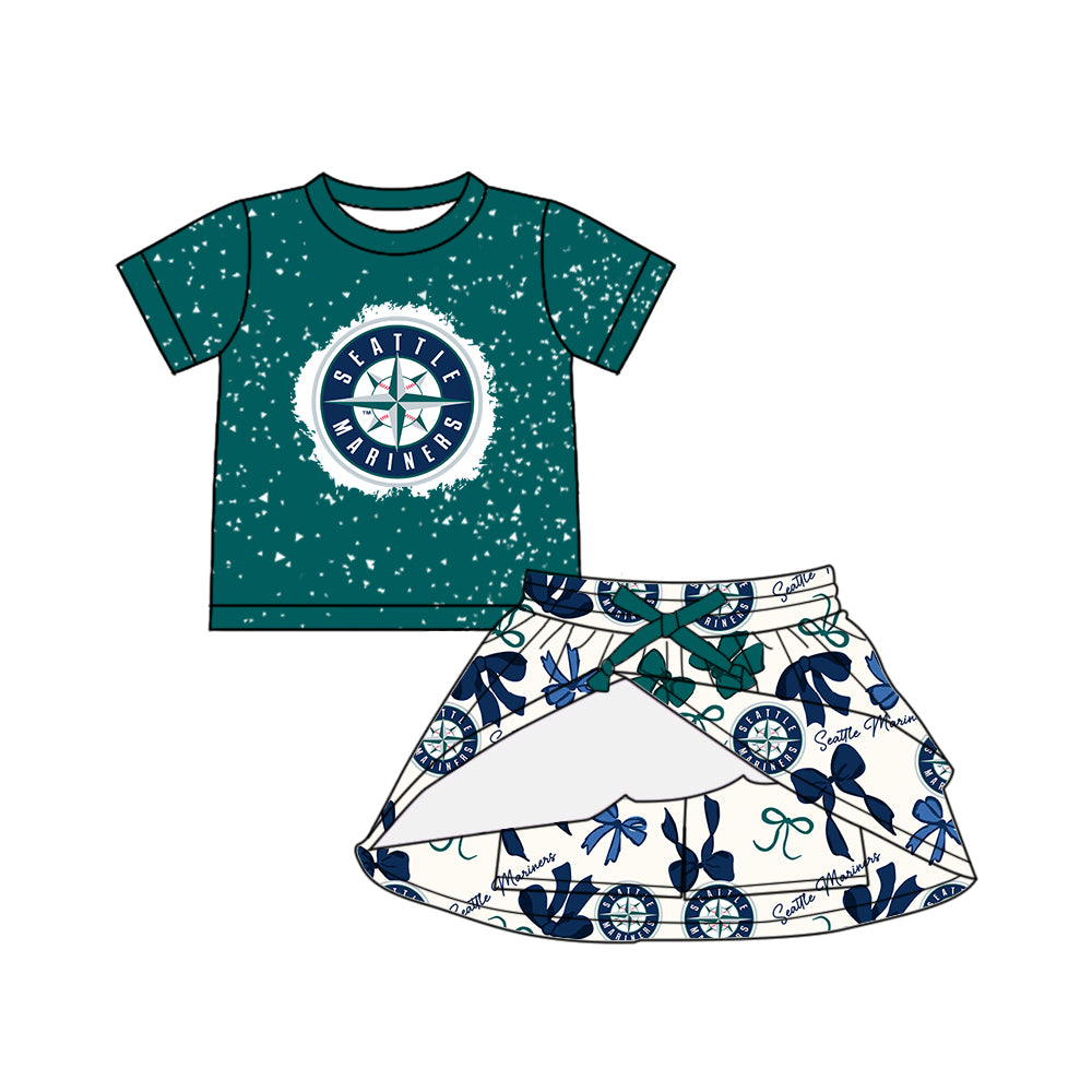 Preorder (moq 5)Baby Girls Green Short Sleeves Seattle Mariners Top Bows Plaid Skorts Team Set