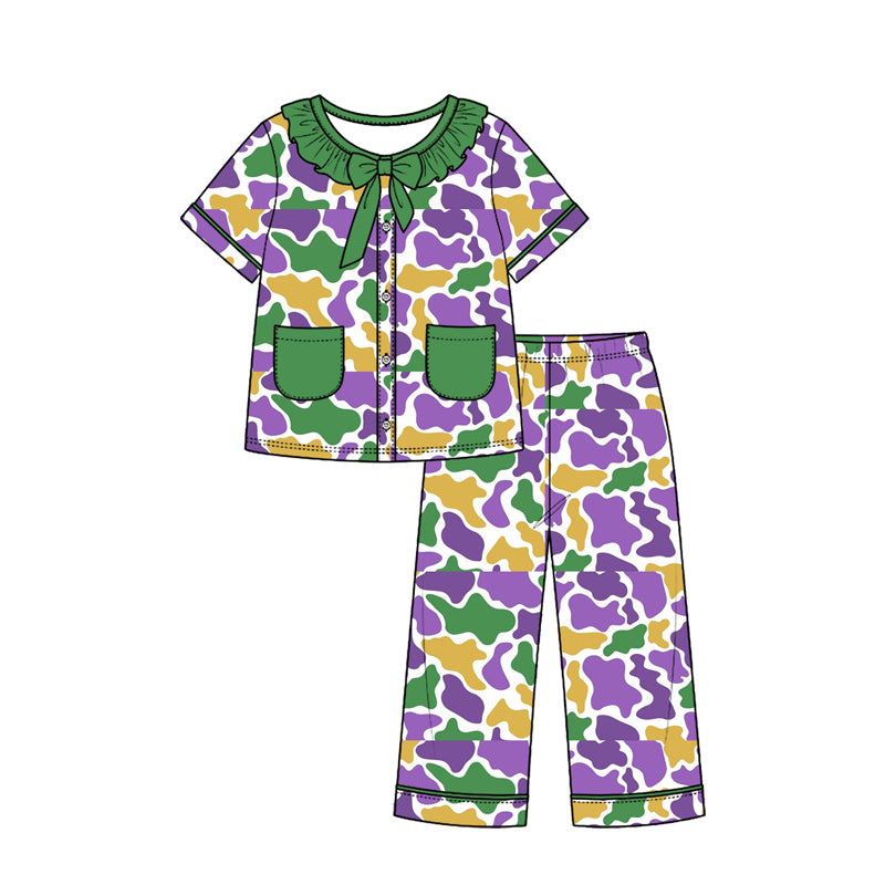 Preorder (moq 5) Baby Girl Clothes Mardi Gras Cow Camo Mixed Print Short Sleeve Ruffle Bow Long Pant Pajama Set
