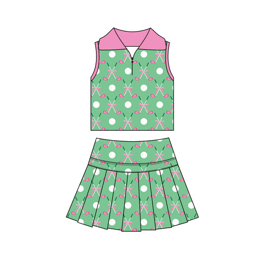 Preorder (moq 5)Baby Girls Sleeveless Golf Zip Top Pleated Skirt Short Clothes Sets