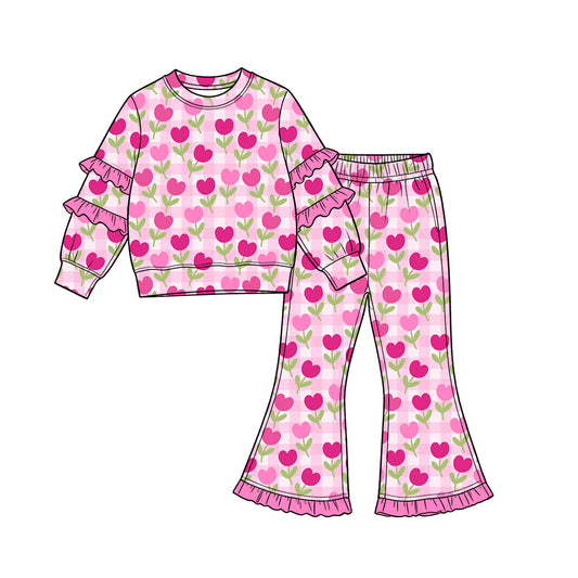 Preorder (moq 5) Baby Girl Clothes Gingham Tulip Heart Allover Print Long Sleeve Tiered Ruffle Top Ruffle Flare Pant Set