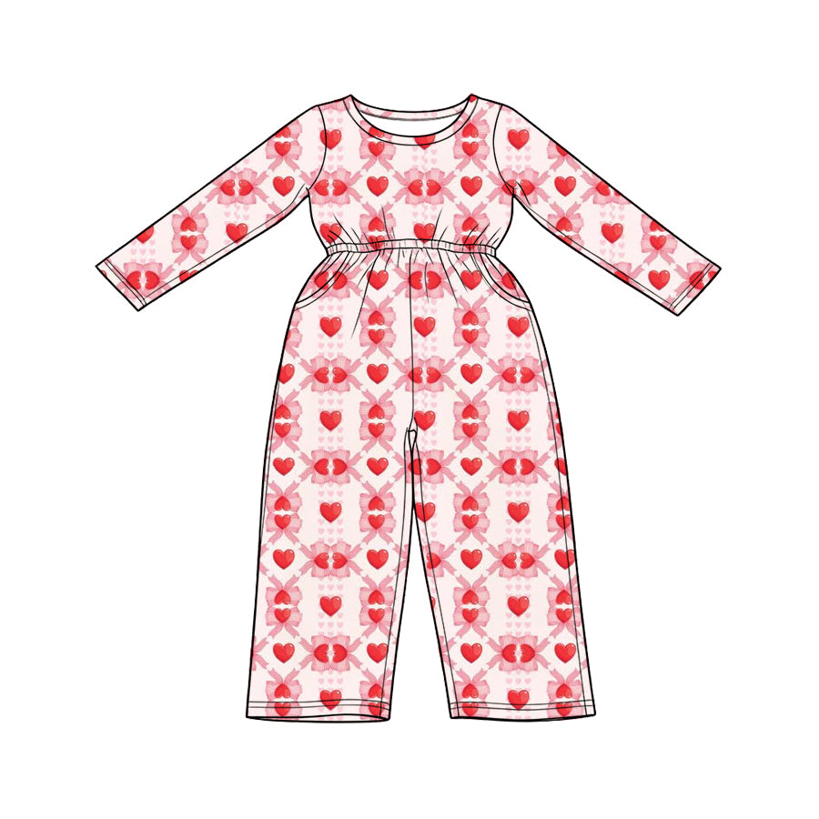 Preorder (moq 5) Baby Girl Clothes Red Bow Heart Lattice Mixed Print Long Sleeve Jumpsuit