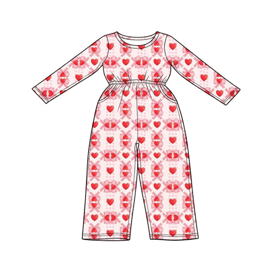 Preorder (moq 5) Baby Girl Clothes Red Bow Heart Lattice Mixed Print Long Sleeve Jumpsuit