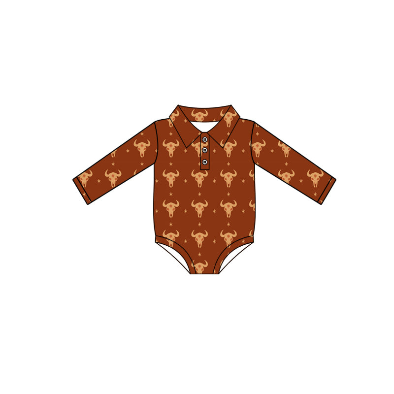 Preorder(moq 5)Baby Boys Bull Skull Stars Plaid Western Button Rompers