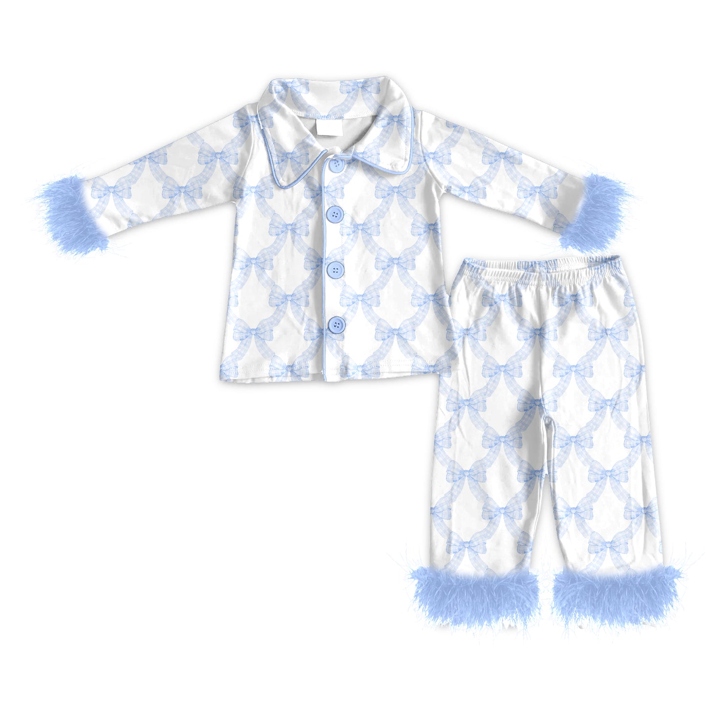 Preorder (moq 5)Baby Girls Long Sleeves With Fur Blue Bows Plaid Top Pant Pajamas Set