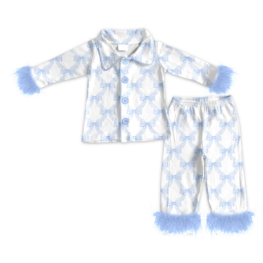 Preorder (moq 5)Baby Girls Long Sleeves With Fur Blue Bows Plaid Top Pant Pajamas Set
