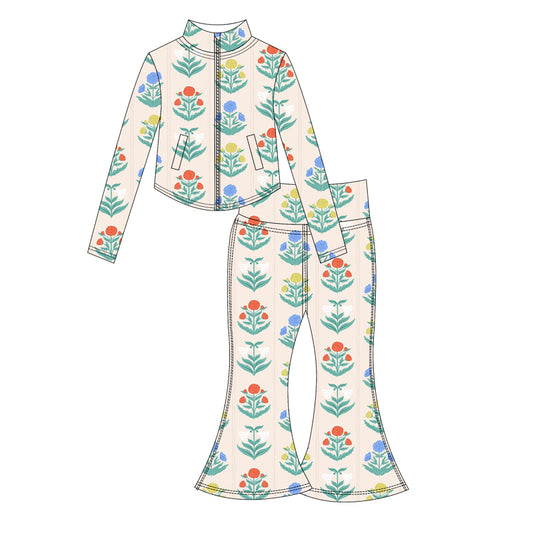 Preorder moq 10 Baby Girls Yellow Long Sleeves Flowers Plaid Pockets Zipper Top Bell Bottom Pant Activity Wear Yoga Set