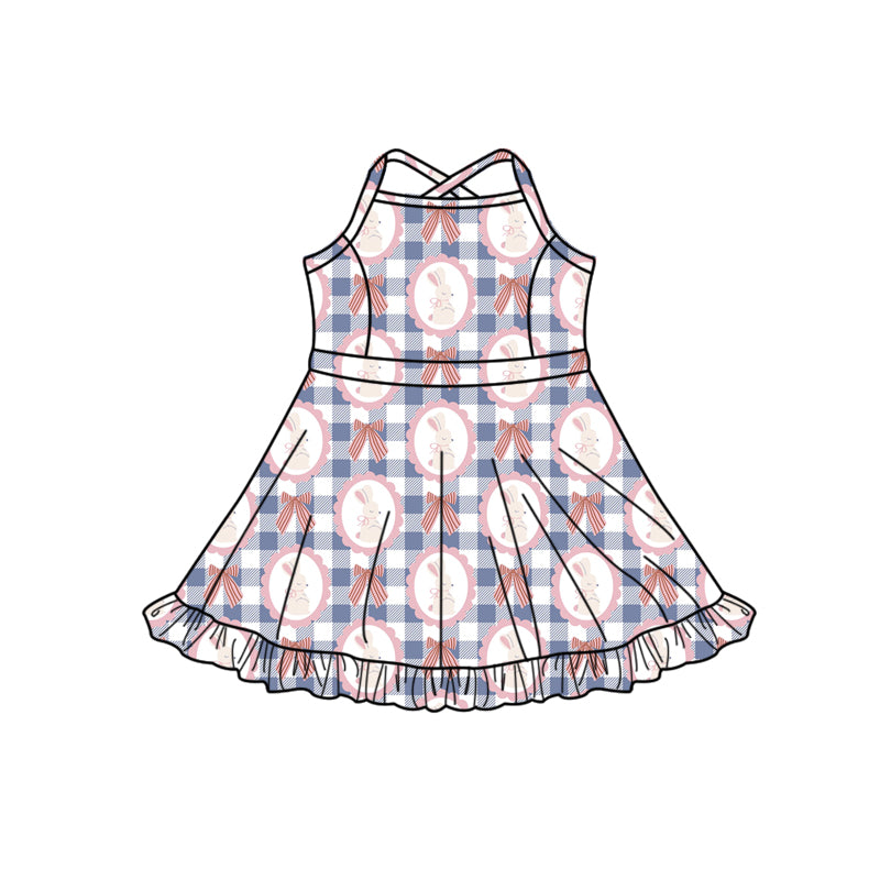 Preorder (moq 5)Baby Girls Strap Blue Checked Rabbits Easter Shorts Ruffle Knee Length Dresses