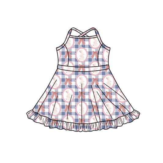Preorder (moq 5)Baby Girls Strap Blue Checked Rabbits Easter Shorts Ruffle Knee Length Dresses