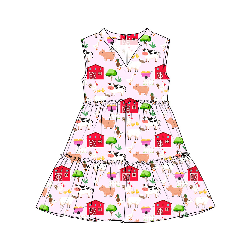 Preorder (moq 5) Girls Collared Sleeveless Tiered Dresses, Pink Farm Tractor, Rooster, Sheep & House Print, Fall Harvest Thanksgiving Outfit（副本）