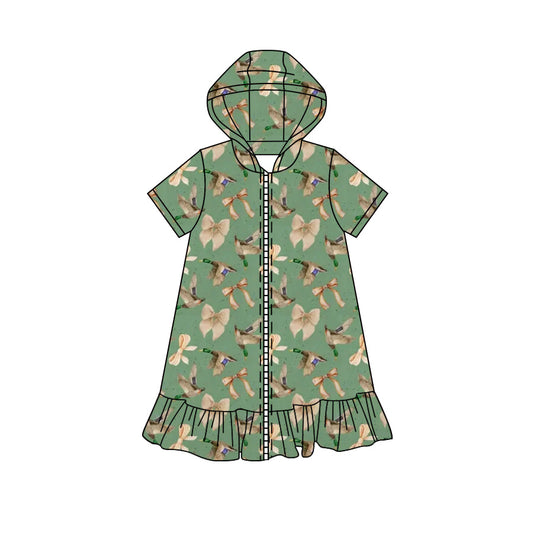 Preorder moq 5 Baby Girls Short Sleeve Green Bows Ducks Fall Zip Ruffle Knee Length Dress