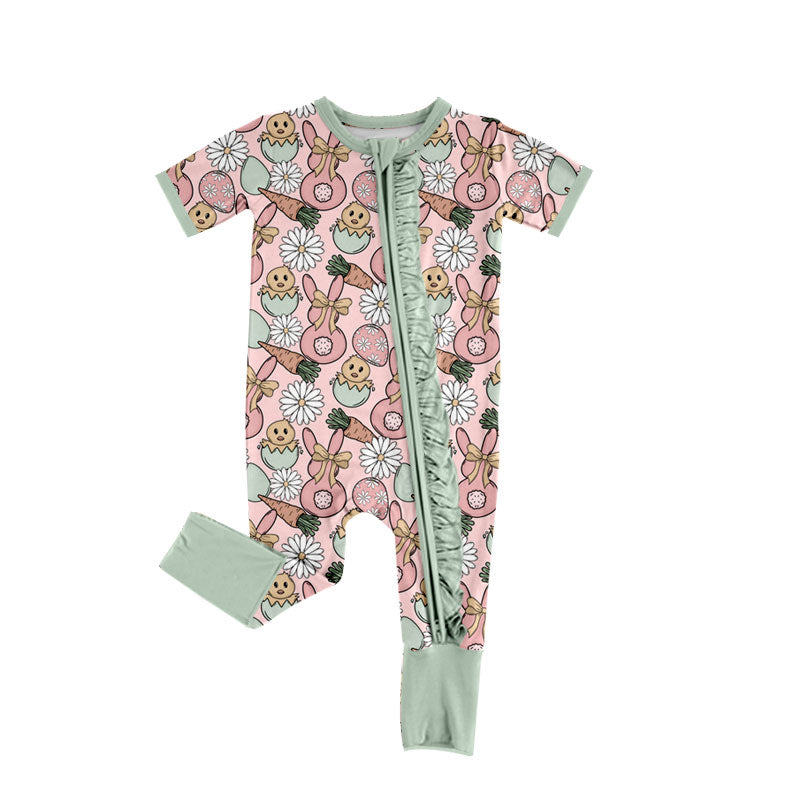 Preorder (moq 5) Baby Girl Clothes Easter Bunny Chick Daisy Mixed Print Short Sleeve Zipper Ruffle Baby Romper