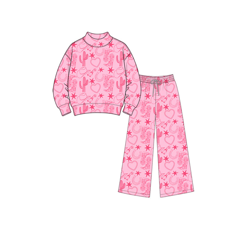 Preorder (moq5) Girls’ Pink Hat & Boot All-Over Print Corduroy 2-Piece Set, Mock Neck Long-Sleeve Top with Wide-Leg Pants, Fall Outfit