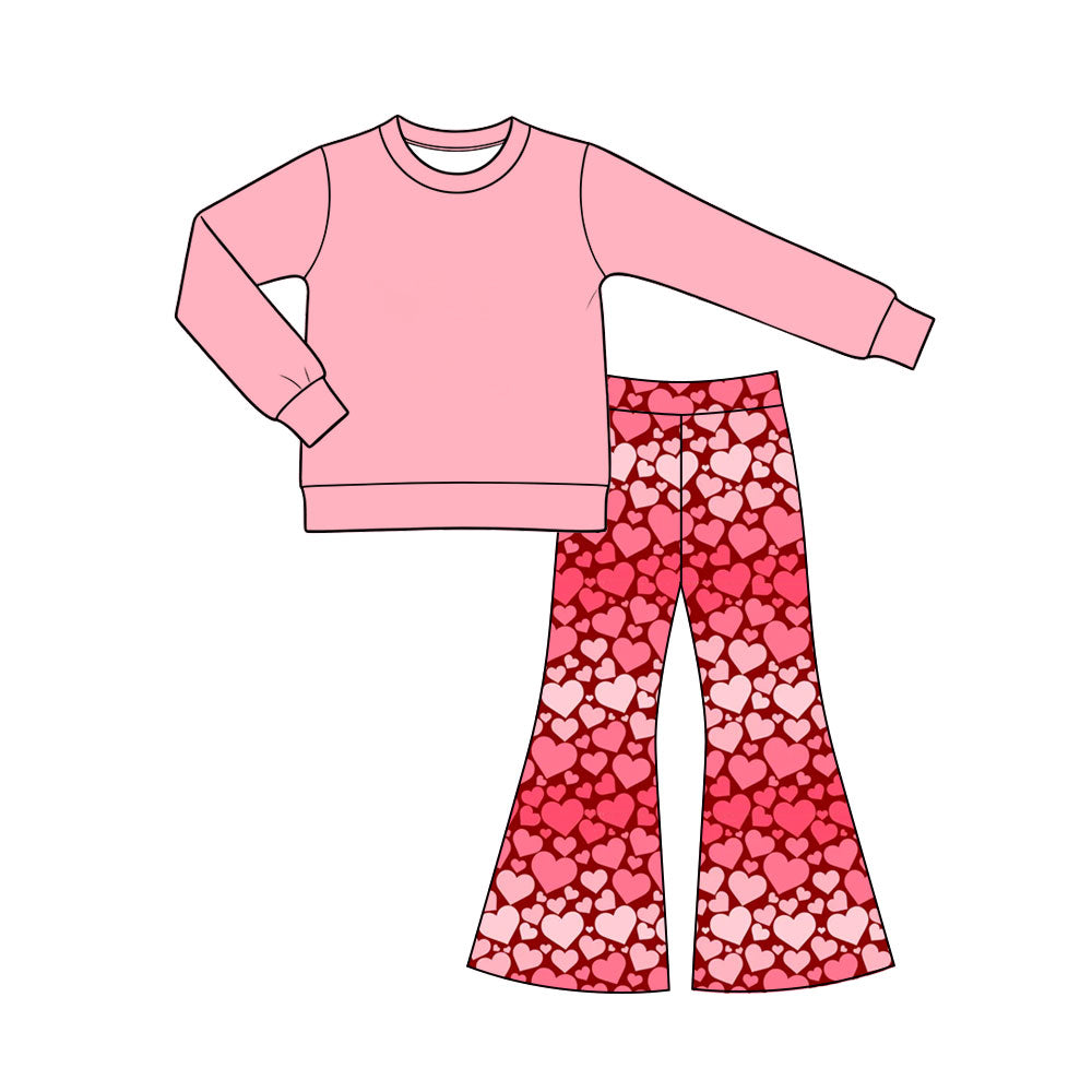 Preorder (moq 5) Baby Girl Clothes Valentine Solid Pink Top Heart Mixed Print Long Sleeve Flare Pant Set