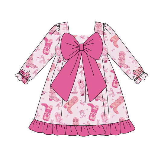 Preorder(moq 8)Baby Girls Pink Boots Bows Ruffle Knee Length Dresses