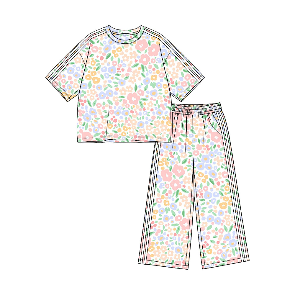 Preorder (moq 5)Baby Girls Colorful Flowers Top Pockets Flare Pant Clothes Set