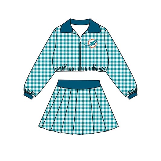 Preorder (moq 5)Baby Girls Green Checked Dolphins Zip Pullovers Skirt Short Team Clothes Set