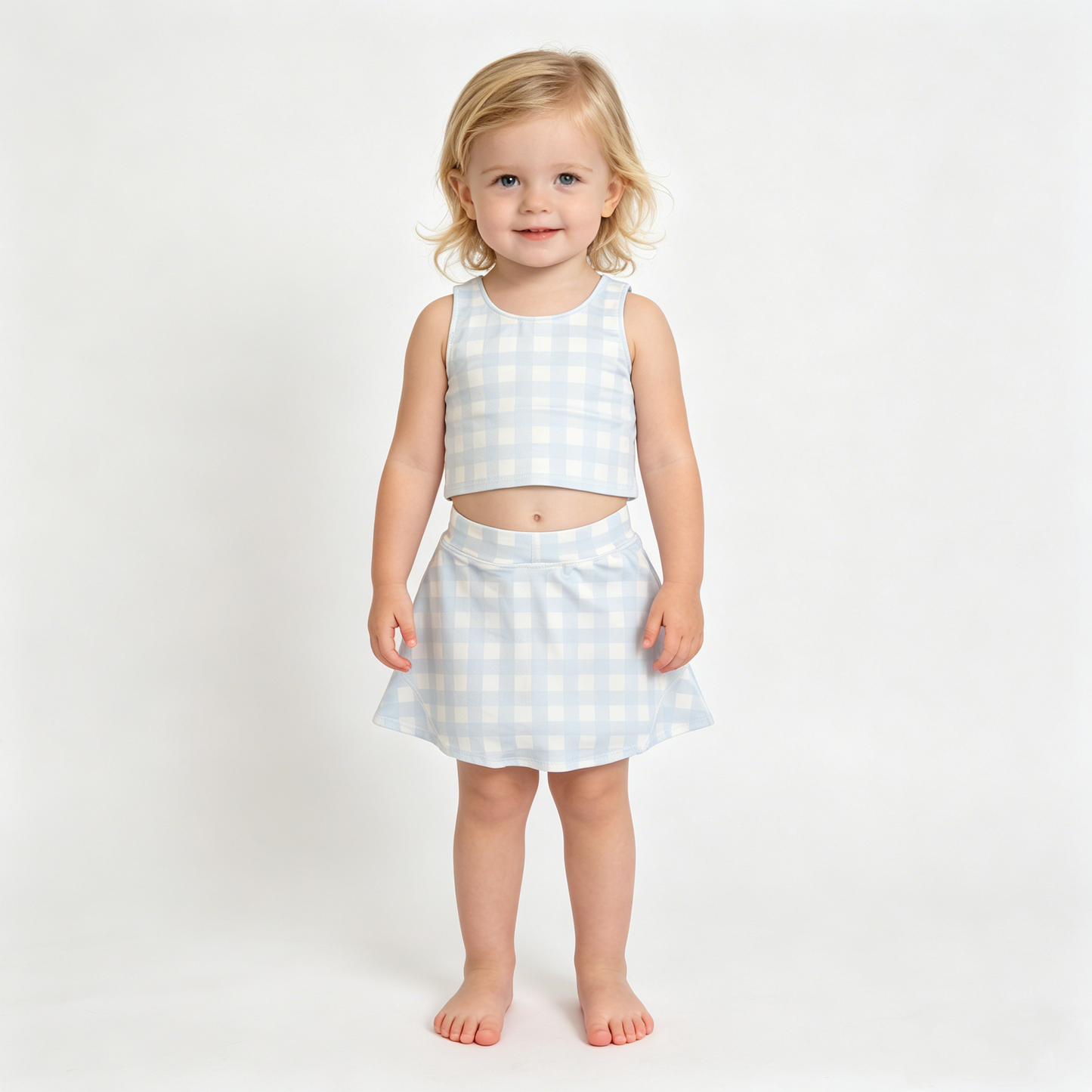 Baby Girls Light Blue Checked Vests Top Skirt Short Yoga Active Clothes Set