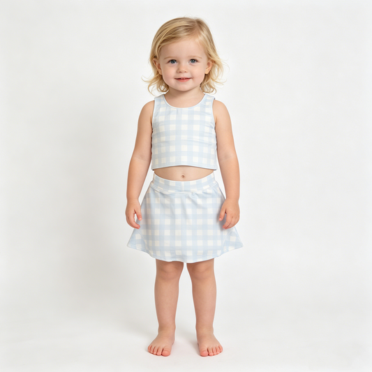 Baby Girls Light Blue Checked Vests Top Skirt Short Yoga Active Clothes Set