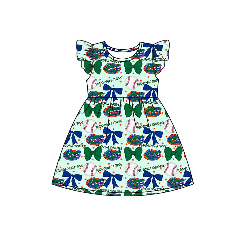 Preorder (moq 5)Baby Girls Flutter Sleeves Baseballs Bows Crocodiles Team Knee Length Dresses