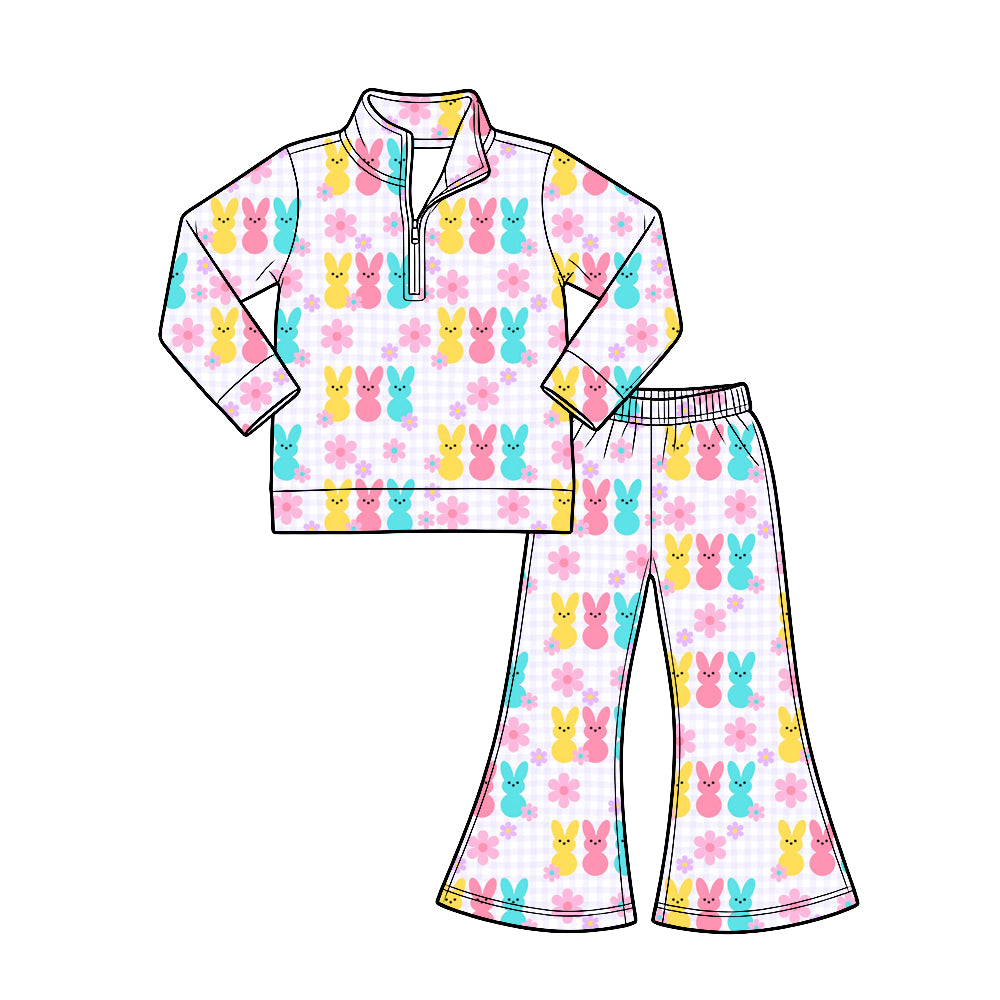 Preorder (moq 5) girl clothes Easter Letter Bunny Long Sleeve 1/4 Zip Pullover Flare Pants 2‑Piece Outfit Set
