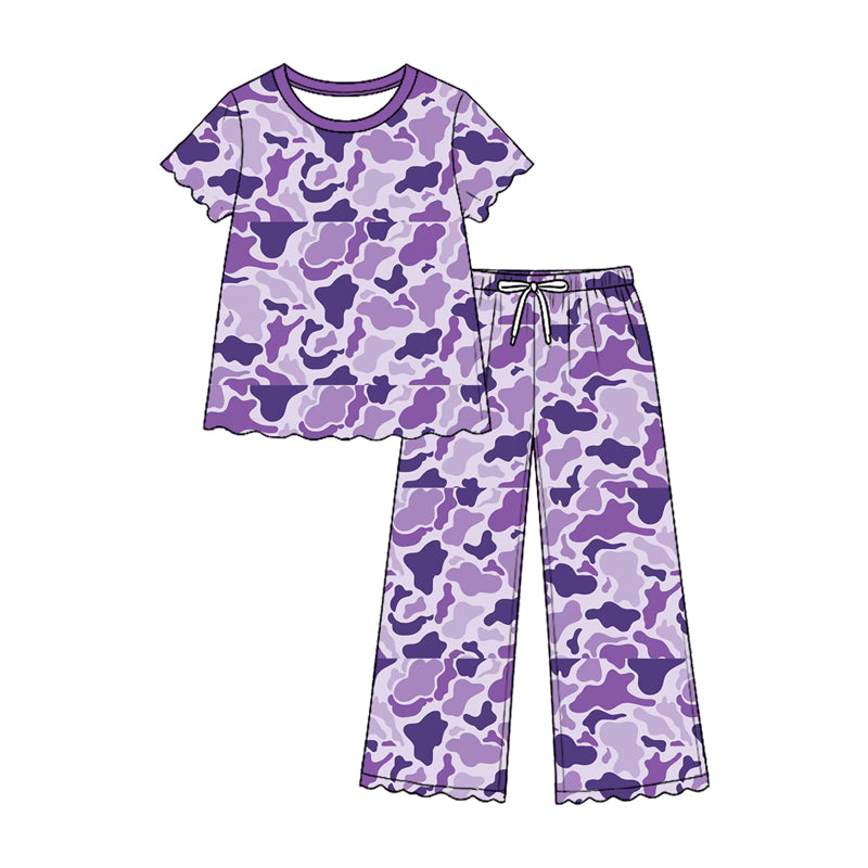 Pre-order(moq5)  Girls’ Fall Purple Round-Neck Short-Sleeve Top & Bow-Detail Elastic-Waist Straight-Leg Pants Set