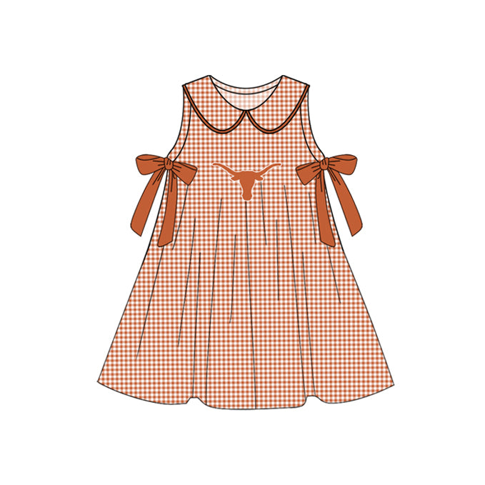 Preorder (moq 5)Baby Girls Orange Plaid Sleeveless Bows Bull Skull Team Knee Length Dresses