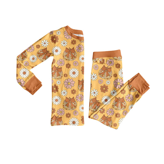 Preorder (moq 5)Baby Girls Khaki Long Sleeves Bow Pumpkins Flowers Top Pants Pajamas Set