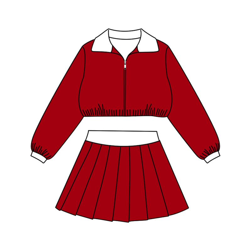 Pre-order(moq5) Kids Full Zip Collared Cropped Jacket Pleated Skirt 2‑Piece Athletic Set