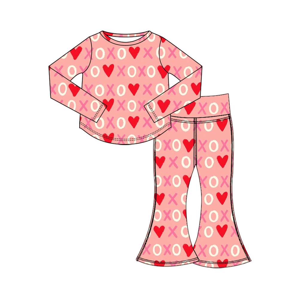 Preorder (moq 5) Baby Girl Clothes Valentines XOXO Heart Print Long Sleeve Flare Pant Set