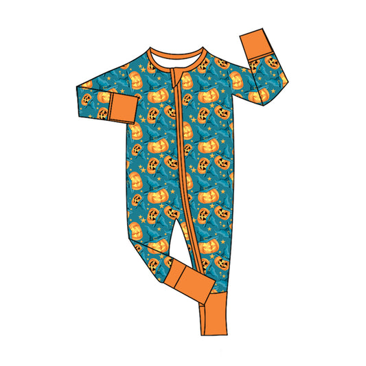 Preorder (moq 5)Baby Boys Ghost Pumpkins Halloween Two Way Zip Convertible Rompers