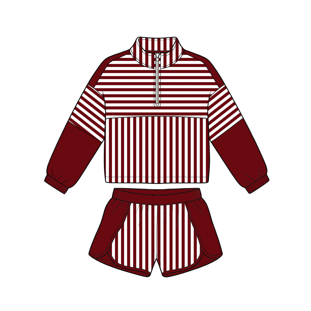 Preorder (moq 5)Baby Girls Long Sleeve Maroon Stripe Zip Pullovers Short Clothes Set