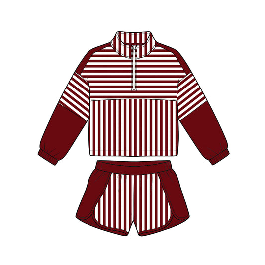 Preorder (moq 5)Baby Girls Long Sleeve Maroon Stripe Zip Pullovers Short Clothes Set