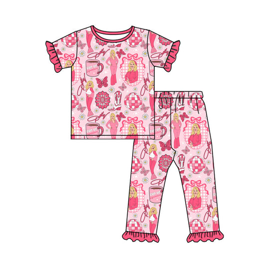 Preorder (moq 5) Baby Girl Clothes Pink Cowgirl Butterfly Disco Ball Mixed Print Short Sleeve Ruffle Top Long Pant Set