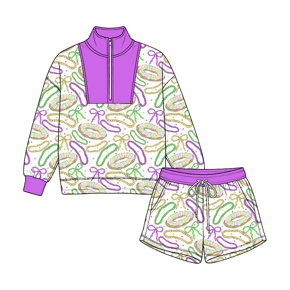 Pre-order(moq5) Kids’ Carnival Half-Zip Top & Shorts 2-Piece Set, Purple Pearl Bracelet & Bow Print Festival Outfit