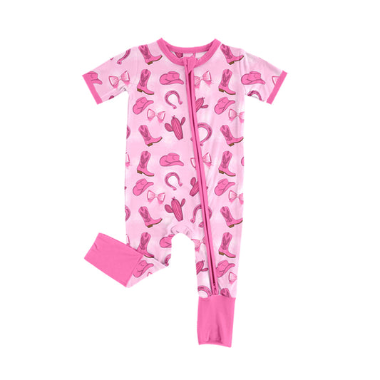 Preorder (moq 5)Baby Girls Pink Hat Boot Cactus Western Two Way Zip Convertible Rompers