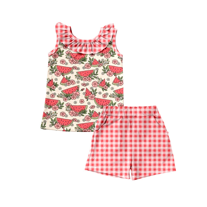 Preorder (moq 5)Baby Girls Watermelon Flowers Tops Checkered Shorts Clothes Sets