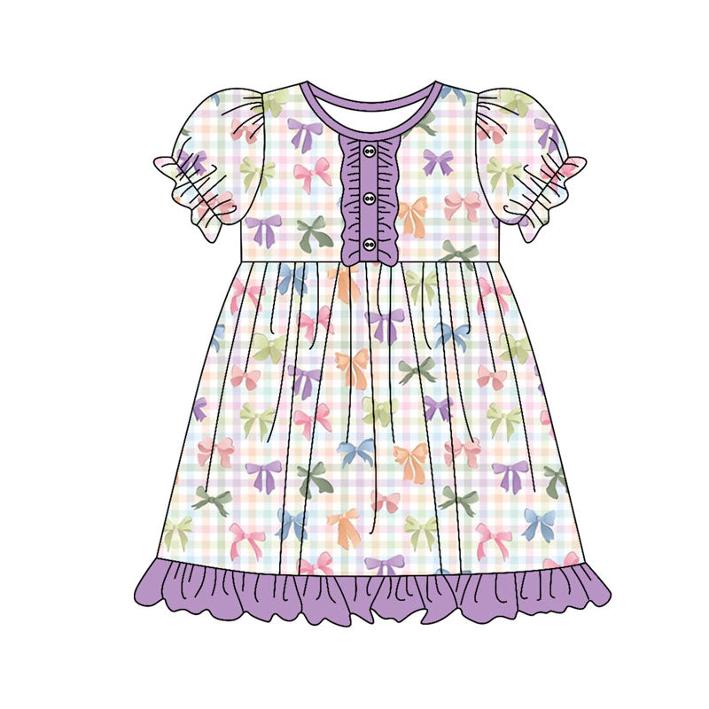 Preorder(moq 8)Baby Girls Colorful Checked Bows Button Ruffle Knee Length Dresses