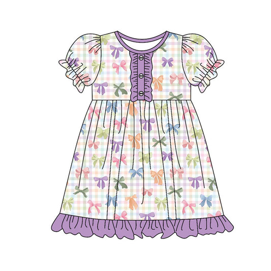 Preorder(moq 8)Baby Girls Colorful Checked Bows Button Ruffle Knee Length Dresses