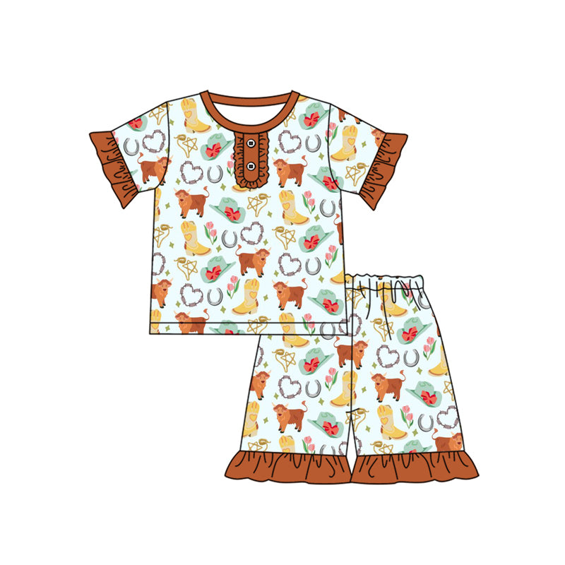 Preorder (moq 5)Baby Girls Brown Short Ruffle Sleeves Highland Cows Hats Button Top Short Pajamas Set