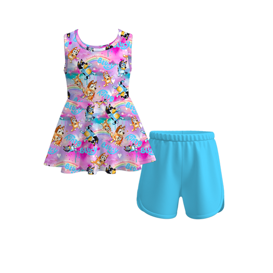 Baby Girls Dogs Rainbow Sleeveless Tunic Top Shorts Clothes Sets preorder (moq 5)