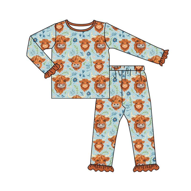 Baby Girls Western Highland Cows Tee Top Pants Pajamas Clothes Sets preorder(MOQ 5)