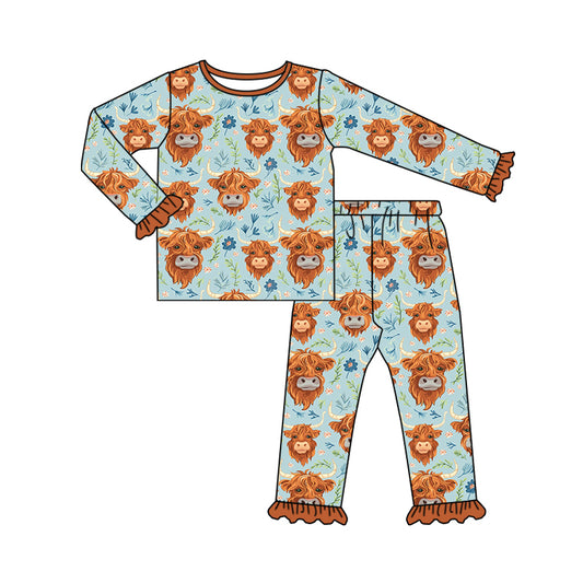 Baby Girls Western Highland Cows Tee Top Pants Pajamas Clothes Sets preorder(MOQ 5)