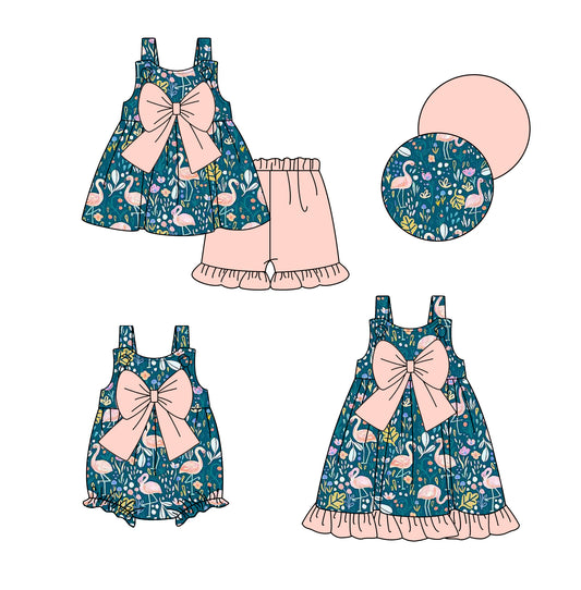 Preorder moq 5 Custom Baby Girls Goose Flowers Tunic Ruffle Short Set Knee Length Dress Rompers