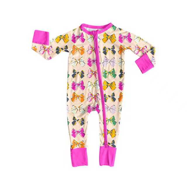 Preorder (moq 20)Baby Girls Bamboo Colorful Bows Zippy Footie Rompers
