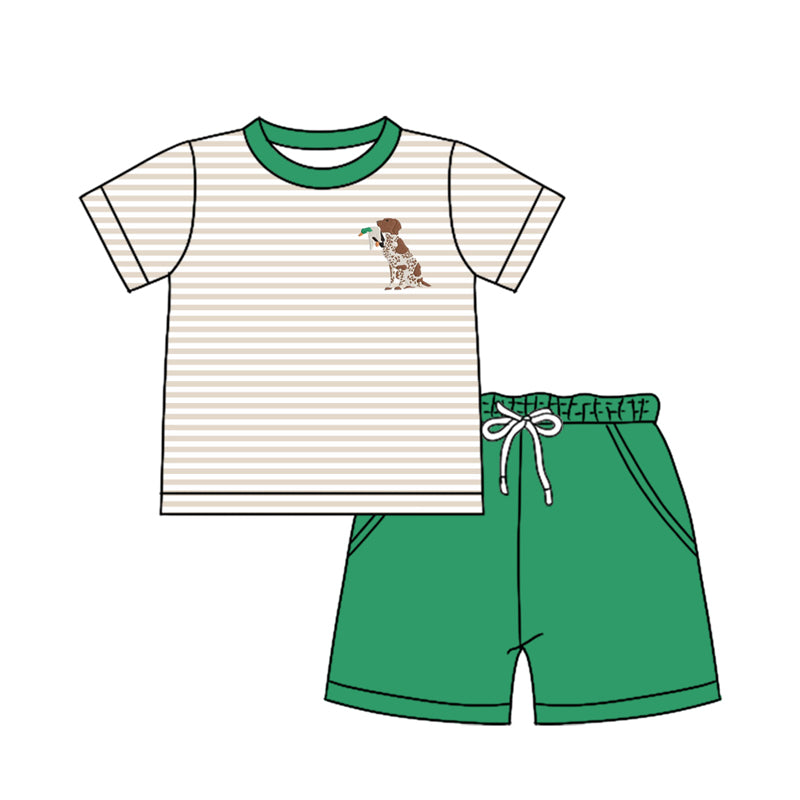 Preorder (moq 5)Baby Boys Stripes Dog Duck Hunting Shirts Green Pockets Shorts Clothes Sets