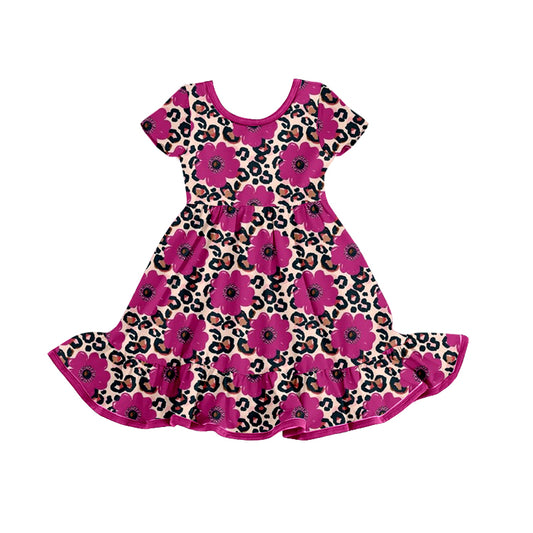 Baby Girls Flowers Maroon Leopard Short Sleeve Ruffle Knee Length Dresses preorder(moq 5)